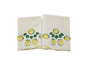 Vintage Crochet White Pillowcase Set of 2 with Yellow Roses & Green Leaves